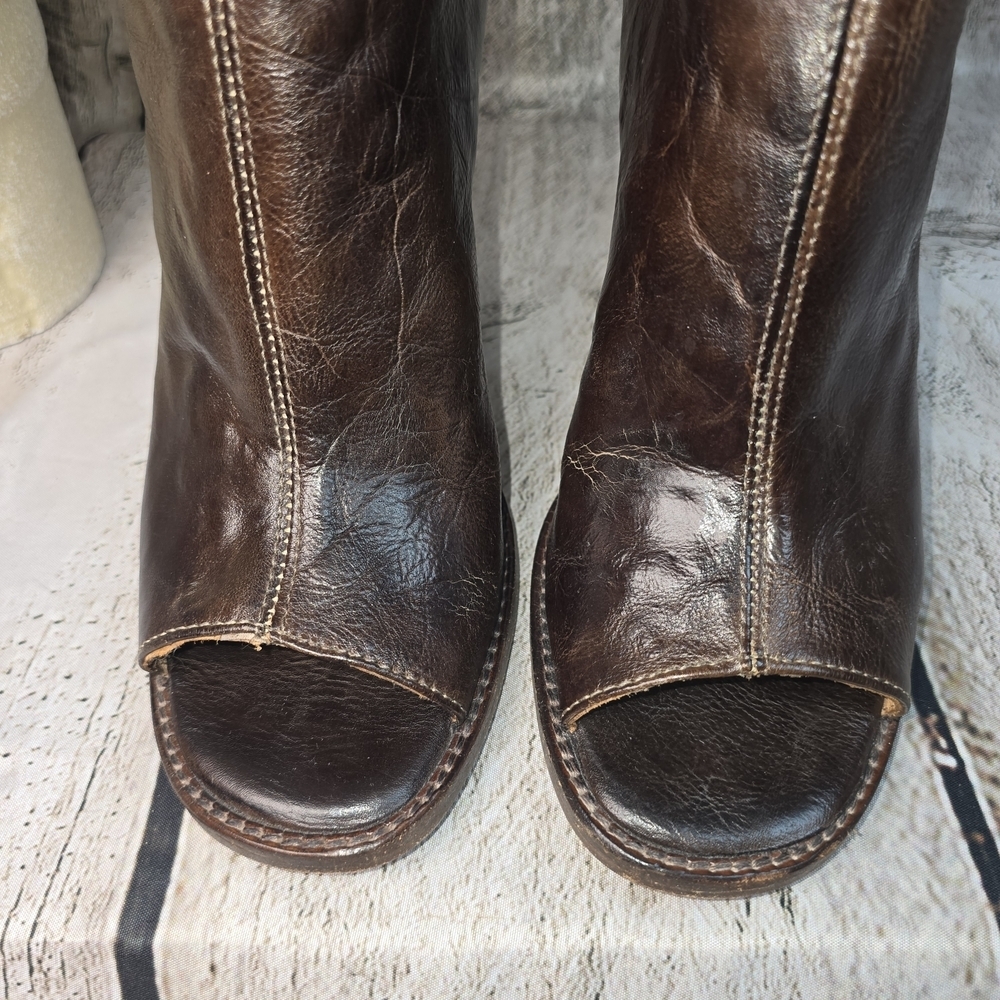 BED STU ONSET BROWN PEEP TOES DRESS BOOTS BOOTIES BOHO STACKED HEEL SIZE 7 - Picture 7 of 13